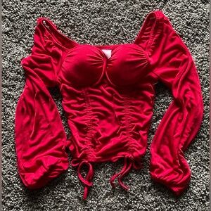 Red Long Sleeve Sheer Top